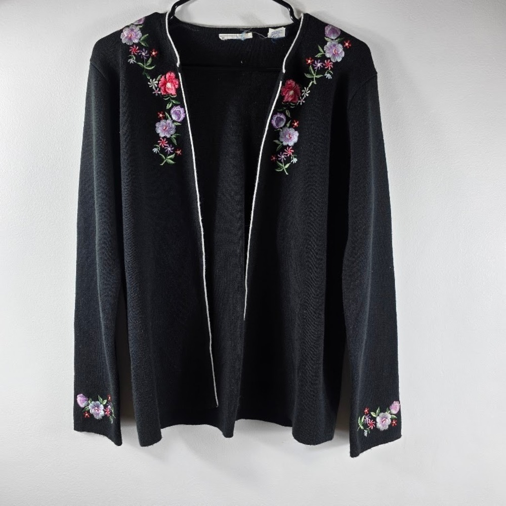 Vintage Embroidere Cardigan Sweater Womens XL Floral Open Front Long Sleeve Knit